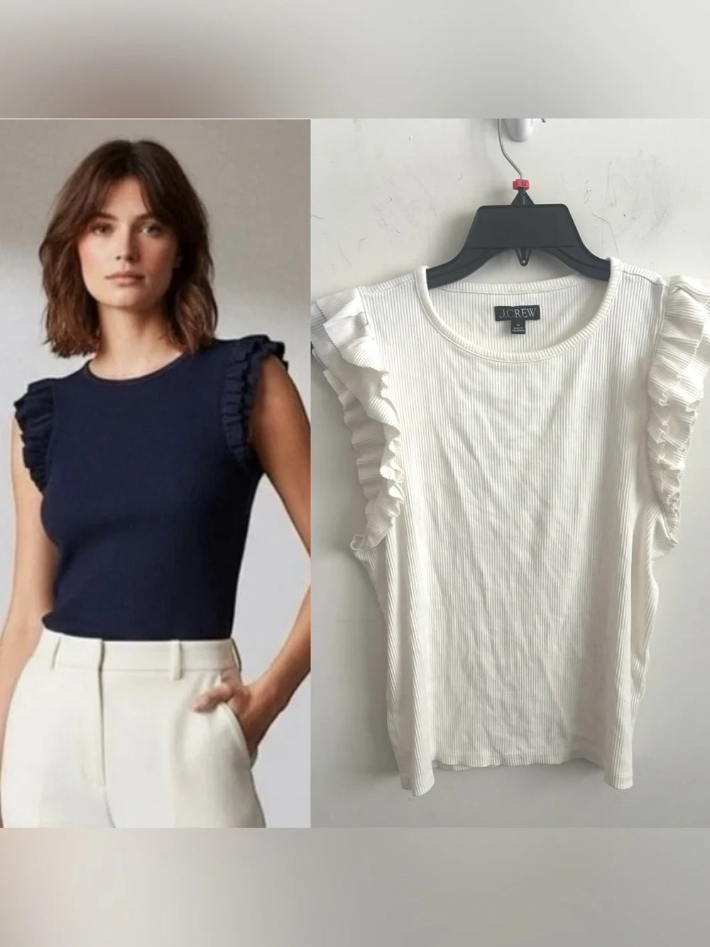 J.Crew Women White Vintage Rib Ruffle short Sleeve T-Shirt XL Minimalist Preppy